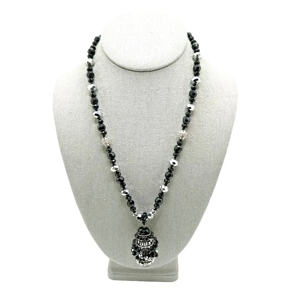 Crystal Bead Cluster Pendant Necklace Black Silver Tone Statement Jewelry 20-22